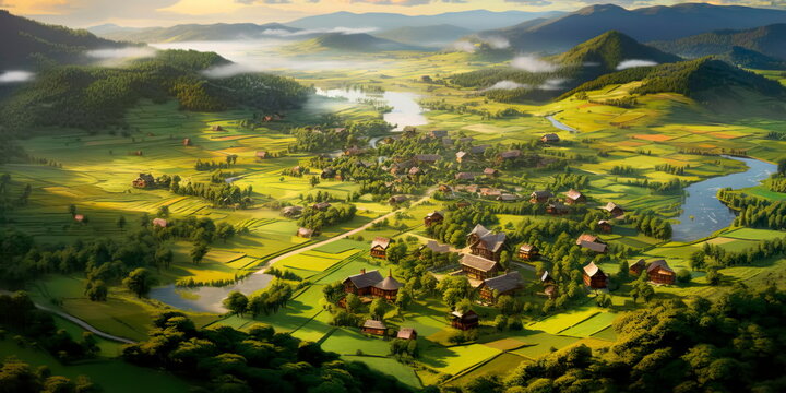 captivating aerial view of a serene countryside, with rolling hills adorned with patchwork fields, meandering rivers, and charming farmhouses surrounded by lush greenery. Generative AI