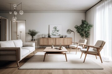 Fototapeta na wymiar White and wooden living room with sofa and armchairs. Generative AI