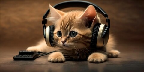 Close up of cute baby cat with headphone. Generative AI AIG16.