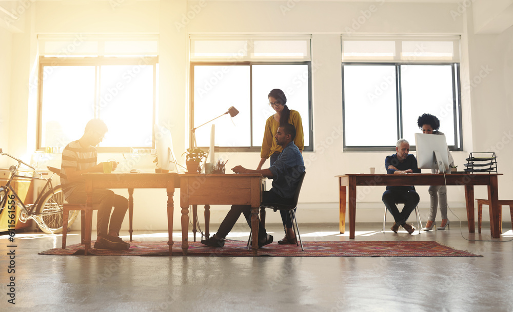 Poster coworking, creative designer and team in office with work and collaboration of small business. start