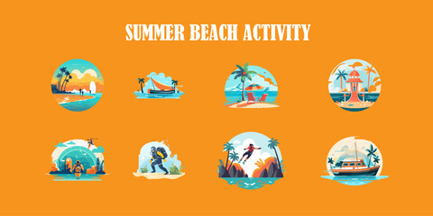 Summer beach activity, holiday, vacation set vector 
