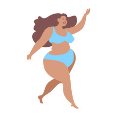 Bodypositive concept. Beautiful young active woman plus size happy provocatively dancing in a bikini. Modern vector illustration cartoon character flat style