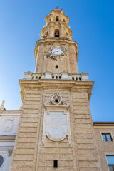 Zaragoza, Spain - May 01, 2023: details of the main facade of the Zaragoza cathedral called La Seo in Zaragoza, Spain