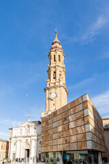 Zaragoza, Spain - May 01, 2023: details of the main tower of the Zaragoza cathedral called La Seo in Zaragoza, Spain