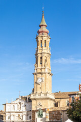 Fototapeta na wymiar Zaragoza, Spain - May 01, 2023: details of the main tower of the Zaragoza cathedral called La Seo in Zaragoza, Spain