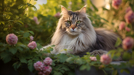 Naklejka na ściany i meble Siberian cat in a garden surrounded by sunlight and pink roses (generative ai)