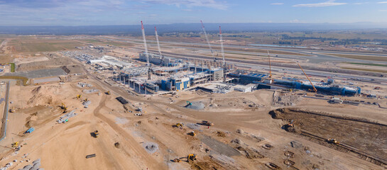 Panoramic aerial drone view of the construction site of the new International Airport at Badgerys...