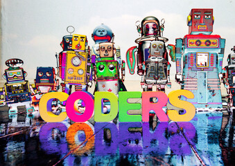 Retro robot toys with the word CODERS