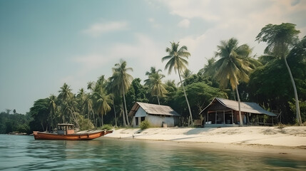 Fototapeta premium Tropical beach background as summer relax landscape with boat near house and white sand and calm sea for beach template. Amazing beach scene vacation and summer holiday concept. Generative AI.