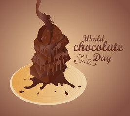 World chocolate day .Idea for poster, banner, postcard and flyer. chocolate melting on plate .
