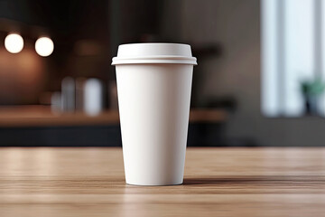 White coffee to go cup on wooden table, mockup, Generative AI