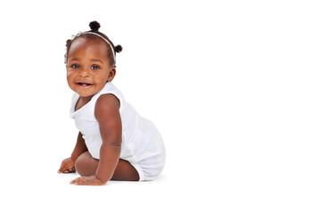 Smile, portrait and African girl baby with mockup isolated on white background with playful...