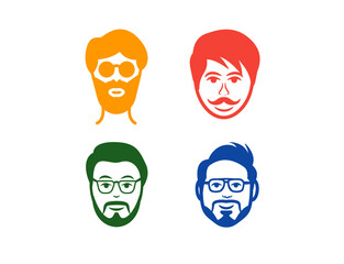 Different men faces hipster geek style haircut, glasses, beard, mustache, bowtie, pipe. Silhouette icon creation kit. Design flat avatar for social media or web site