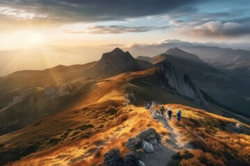 Panoramic mountain view with hikers on trail in early hours, beauty of nature awakening. Generative AI