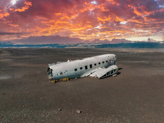 Aerial view of the old crashed plane abandoned on Solheimasandur beach near Vik,Iceland.