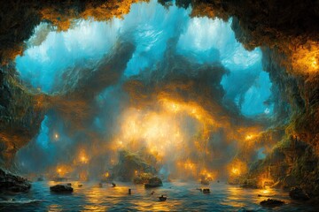 Fototapeta na wymiar Schatzsuche: Abstrakte Ölgemälde offenbaren die geheimnisvolle Höhle und die verborgene Insel - Generative AI 8