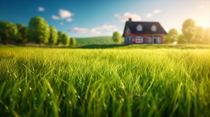 Land scape image of Extensive lawn and house, the sun on the horizon. Generative Ai