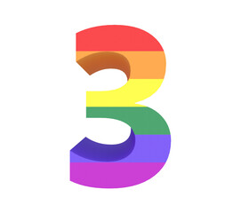 LGBT flag rainbow colored 3D number 3 on transparent background