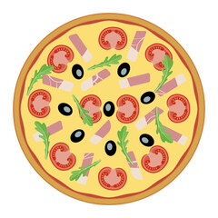 Pizza - top view. Pizza with bacon, cheese, olives, cherry tomatoes and arugula.