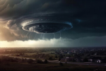Obraz na płótnie Canvas a UFO with bright lights in a dark cloudy sky, sci-fi, dramatic art created, generative Ai.