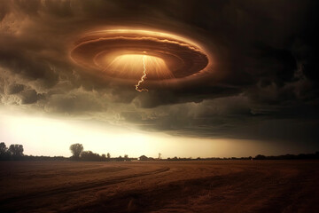 a UFO with bright lights in a dark cloudy sky, sci-fi, dramatic art created, generative Ai.