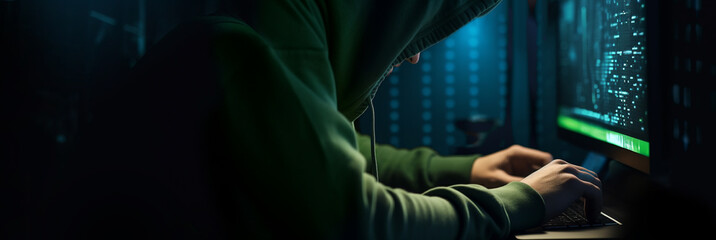 Cyber Security Concepts. a Mystery Hoodie Hacker Man Sitting with Computer in the Dark Hideout Place. Green and Blue tone. AI generative