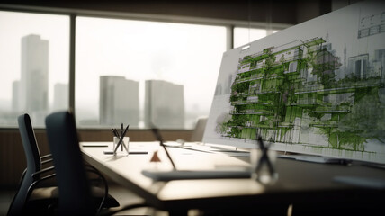 Sustainable Architecture Concept. in the Architect Working Space, Eco Building Sketch Design showing on Desk. No People. Office with a View of Urban Cityscape see-through by Window. AI generative