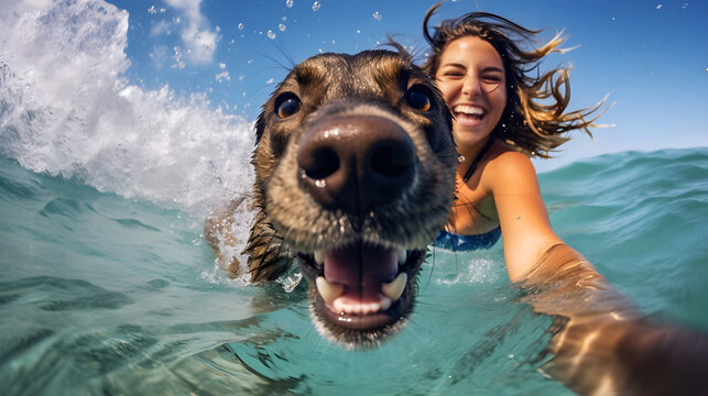 Happy Dog and Smiling Playful Young Woman Swimming in the Sea on Sunny Day. Taking Selfie Posture. Summer activities with Pet. AI generative