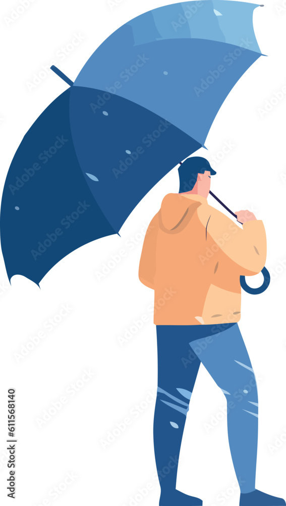 Poster businessman holding umbrella walking in the rain