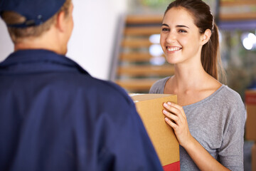 Delivery, shipping and courier with woman at door for logistics, cargo and supply chain. Ecommerce,...