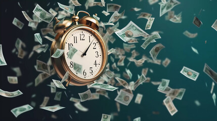 Money coins with retro alarm clock, Return on investment, deposit, growth of income, retirement and savings. Time is money concept, Generative AI