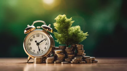 Fotobehang Money coins with retro alarm clock and plant, Return on investment, deposit, growth of income, retirement and savings. Time is money concept, Generative AI © Sunshinemeee