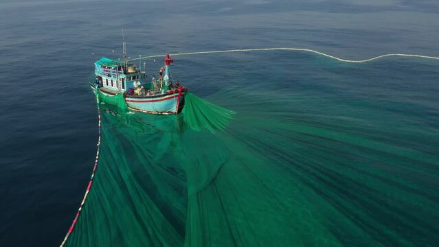 Crew of Fishermen Work on Commercial Fishing Ship that Pulls Trawl Net, Yen island, Phu Yen, Vietnam