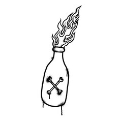Urban style graffiti molotov coctail fire bottle sprayed with leak and splashes. Vector hand drawn textured illustration on white background for banner, decoration, street art, halloween eps 10