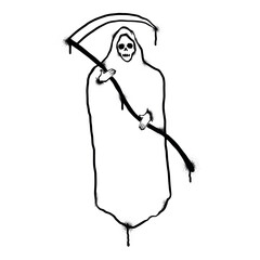 Death with a scythe monochrome. Vandalism,  graffiti halloween. Blacf and white spray grim reaper with scythe,   vector isolated illustration eps 10 on a black background.