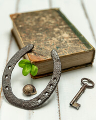 An old horseshoe leans against an ancient book that has a clover as a bookmark, with a snail and a...