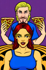 Cartoon of a man and woman and pizza.  (AI-generated fictional illustration)
