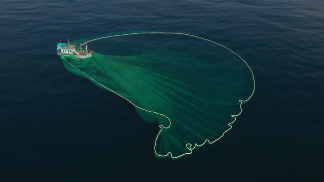 Crew of Fishermen Work on Commercial Fishing Ship that Pulls Trawl Net, Yen island, Phu Yen, Vietnam