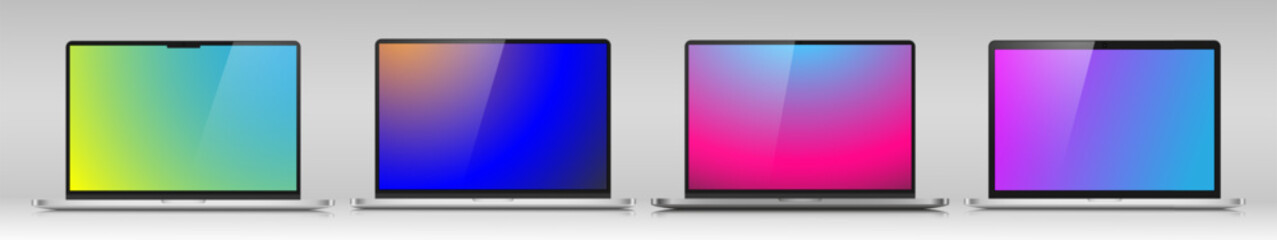 Models of modern laptops with color gradient screens on a gray background. A set of laptop layouts in a metal case. Vector EPS 10.