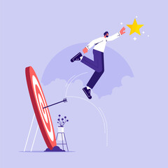 Businessman jumps on target as trampoline to a star, flat cartoon vector illustration, concept of reaching the goal in business vector