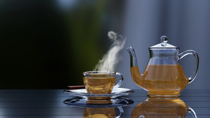 teapot and cup of hot tea blurred background 3D rendering