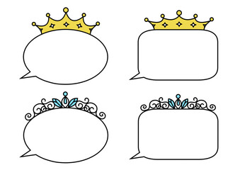 王冠と宝石付きティアラがついた吹き出しのシンプルなイラストセット