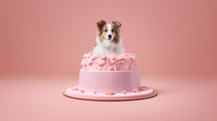 Collie dog with cake on the pink color pastel background with Ai Generated