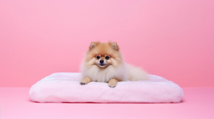 Fototapeta na wymiar pomeranian puppy on pink background with Ai Generated