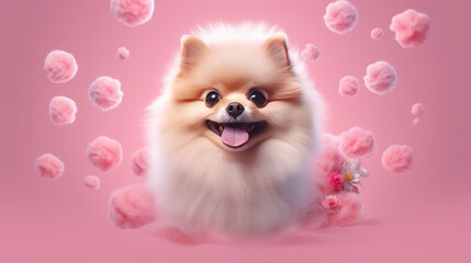 Fototapeta na wymiar pomeranian puppy on pink color background with Ai Generated