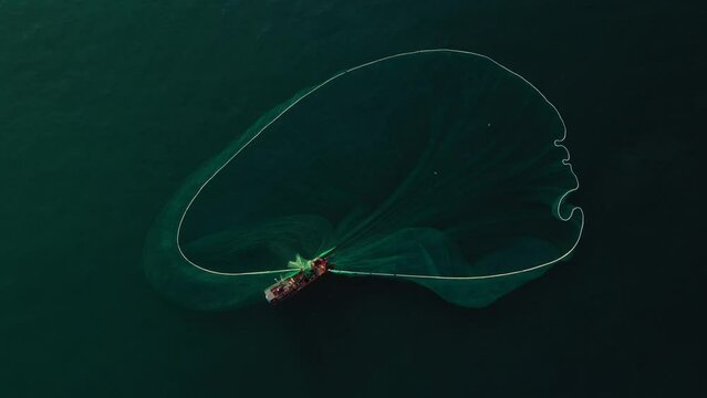 Crew of Fishermen Work on Commercial Fishing Ship that Pulls Trawl Net, Yen island, Phu Yen, Vietnam
