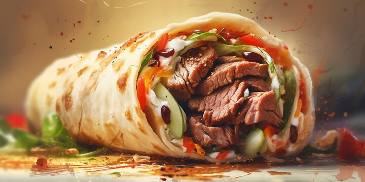 Fresh grilled donner, shawarma beef wrap roll, ingredients flying around, illustration concept - Generative AI