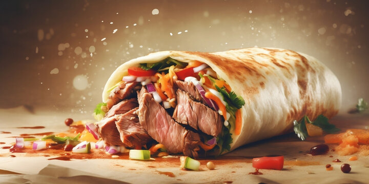 Fresh grilled donner, shawarma beef wrap roll, ingredients flying around, illustration concept - Generative AI
