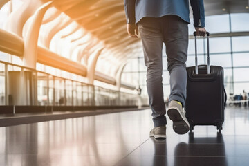 Fototapeta na wymiar The feet of a man walking through the airport terminal, Generative AI
