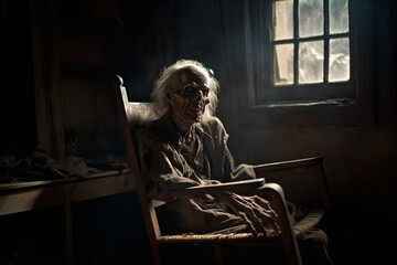 Creepy zombie sitting in old rocking chair on dim attic. Halloween concept. Generative ai - obrazy, fototapety, plakaty